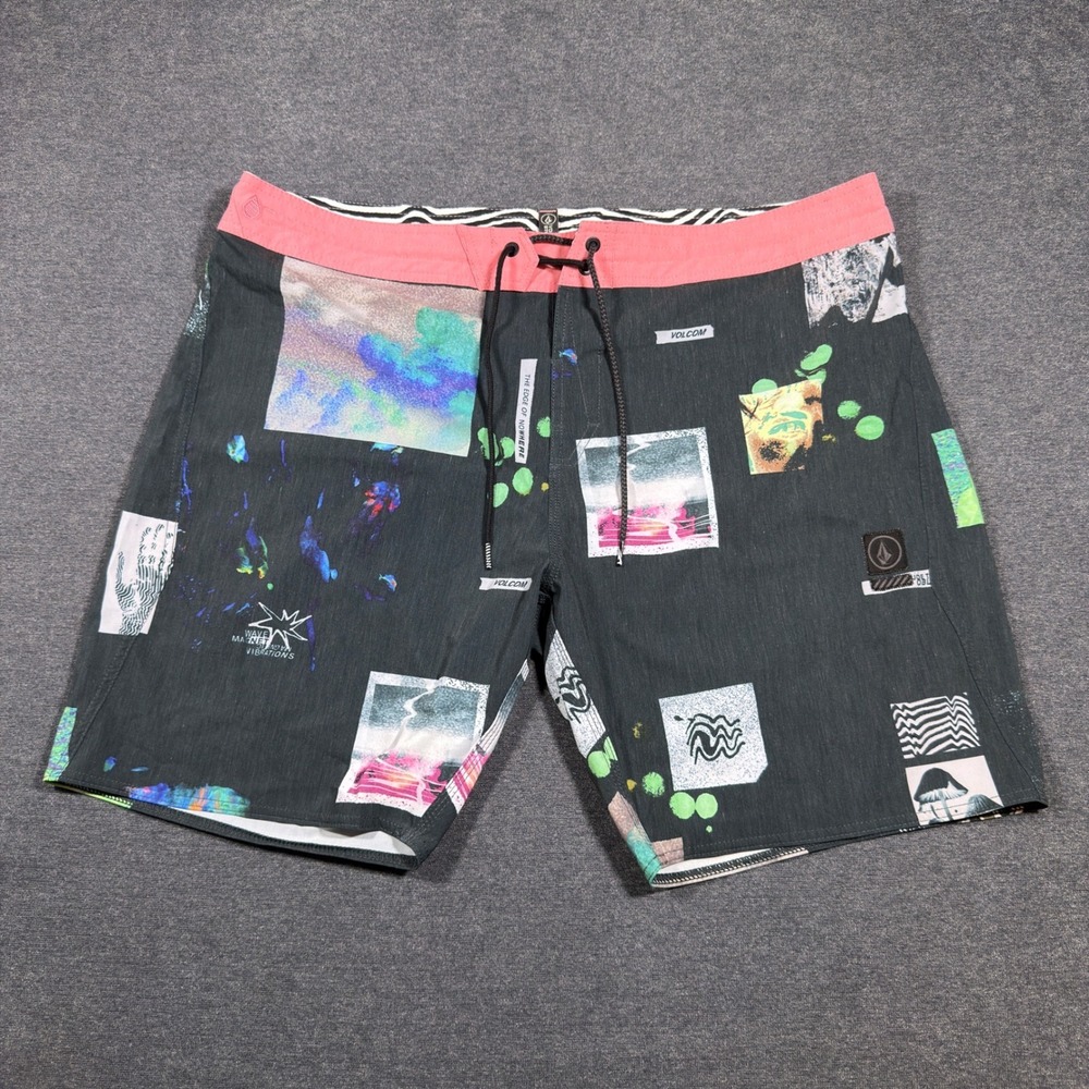 Volcom Board‎ Shorts Mens 40 Black Multi Color Graphic Print Trippy Y2K Surf